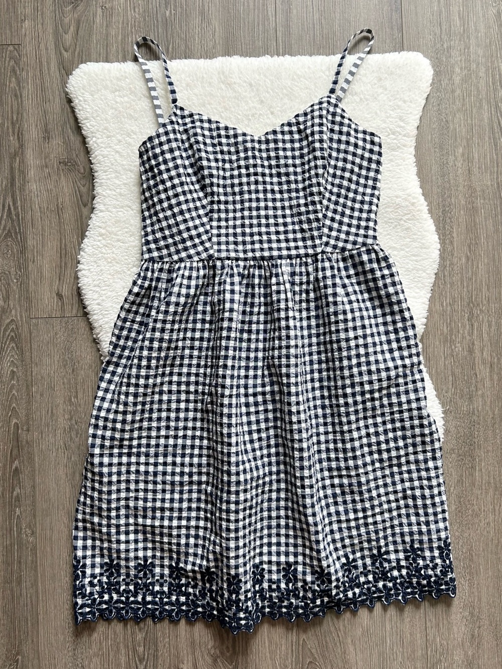 Draper James Navy and White Gingham Spaghetti Strap Dress with Embroidered Hem